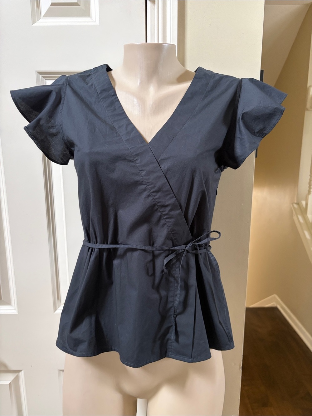 NWT J. Crew Black faux  Wrap Top with Flutter Sleeves, 6
